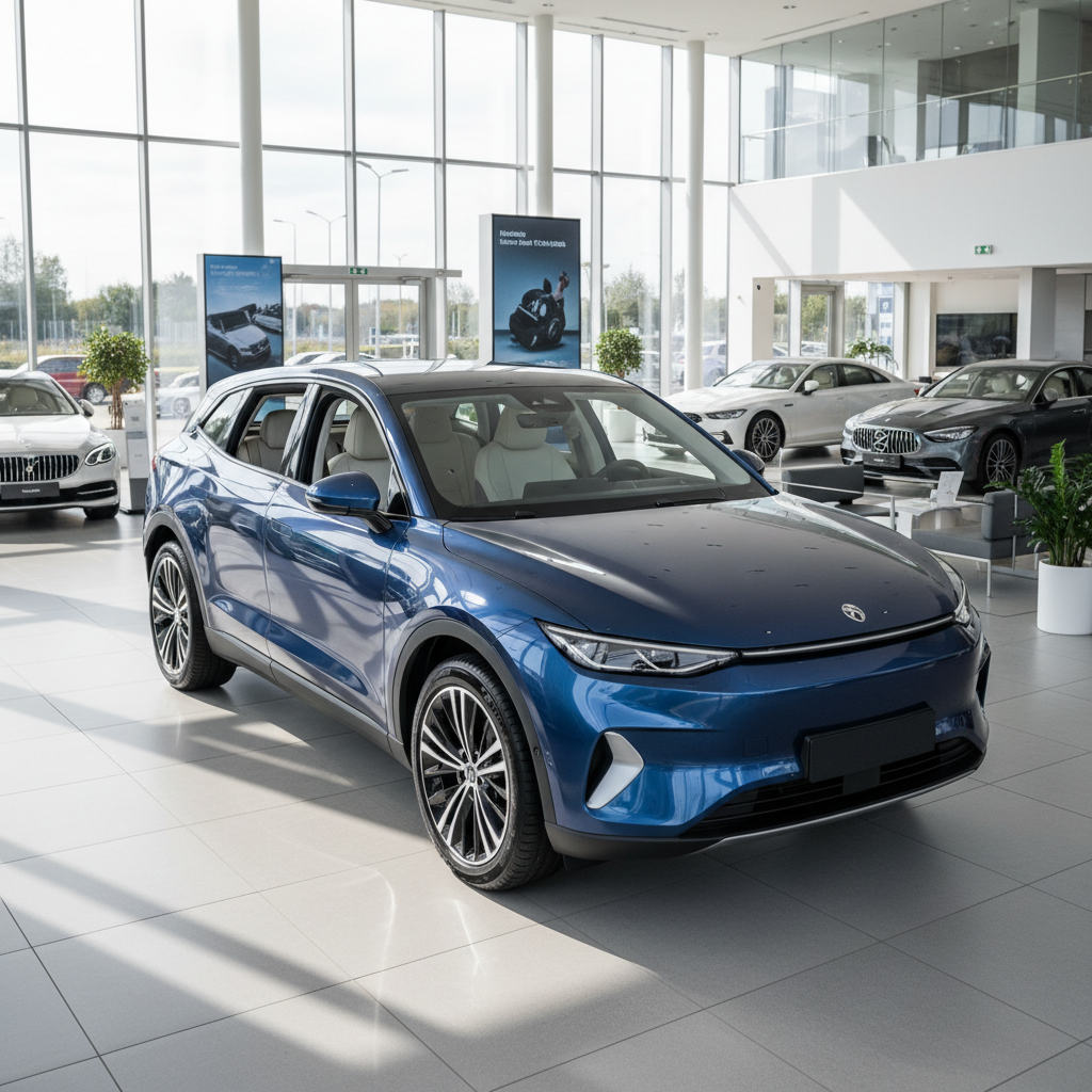 Blauer Elektro-SUV im modernen Autohaus-Showroom, Frontansicht schräg rechts
