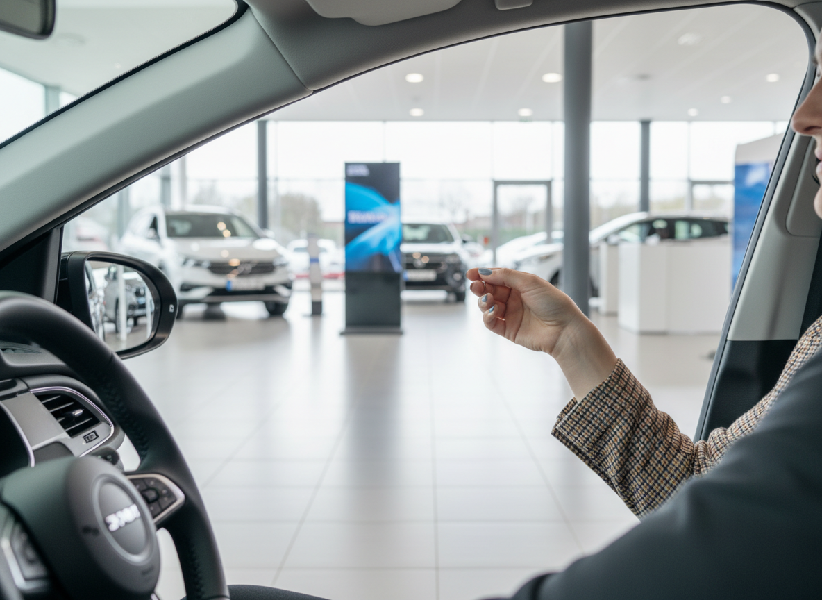Frau sitzt im Fahrzeuginnenraum eines Autos in einem modernen Autohaus und hält Autoschlüssel