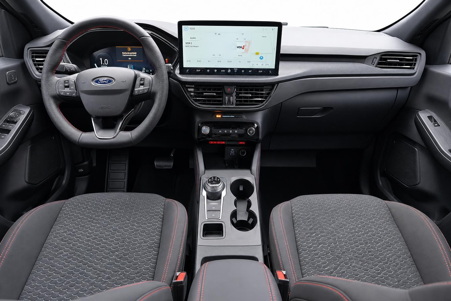 Ford Cockpit mit Lenkrad, Touchscreen und Mittelkonsole im Detail