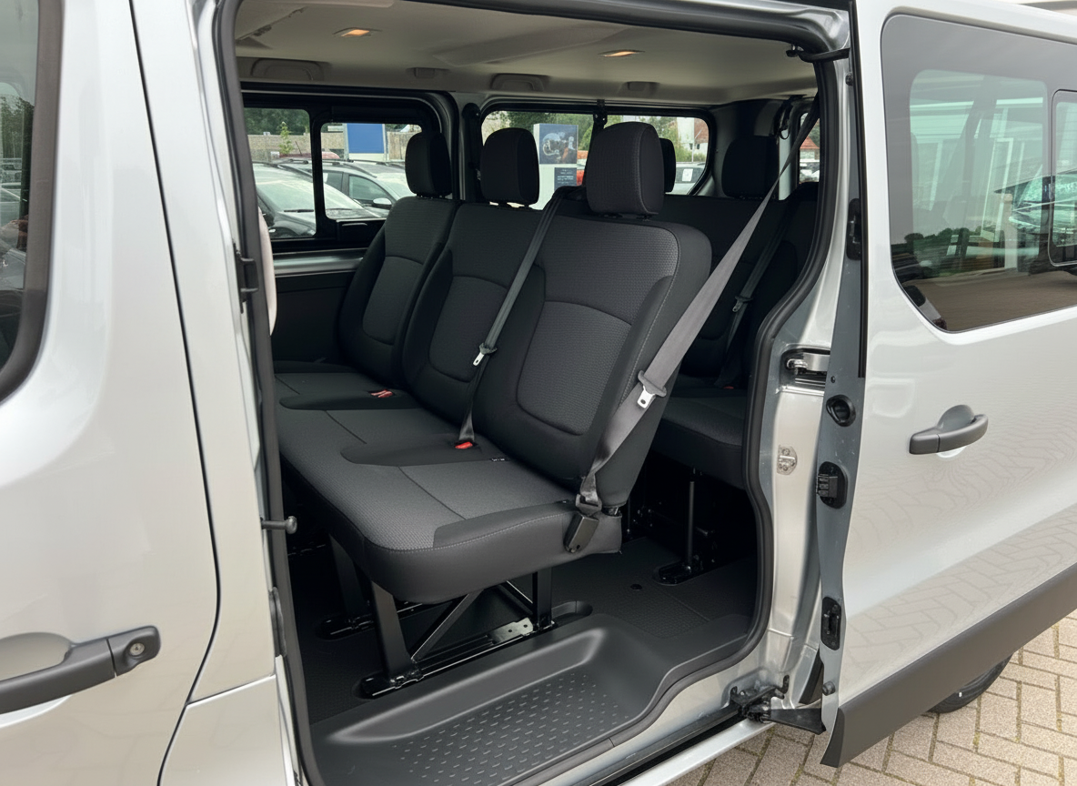Silberner Transporter Innenraum mit schwarzen Sitzen und geöffneter Schiebetür