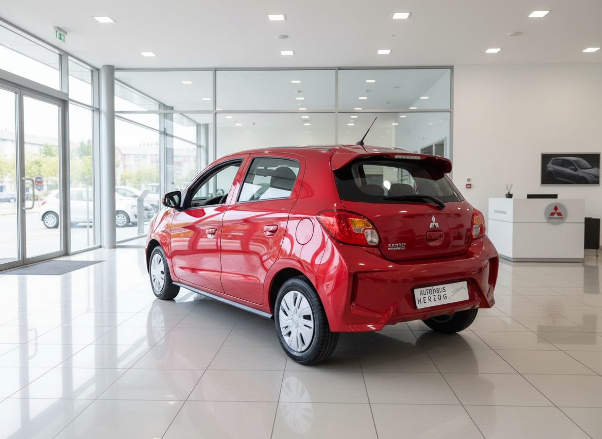 Roter Mitsubishi Space Star Hatchback Heckansicht im Autohaus Herzog Showroom