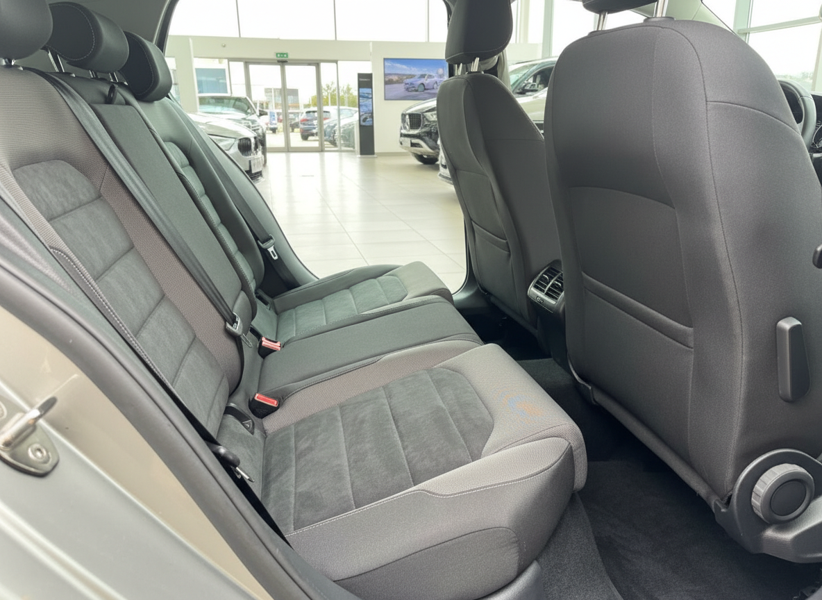 Fahrzeug Innenraum Rücksitzbank mit dunklem Alcantara-Stoff und Sicherheitsgurten im Autohaus