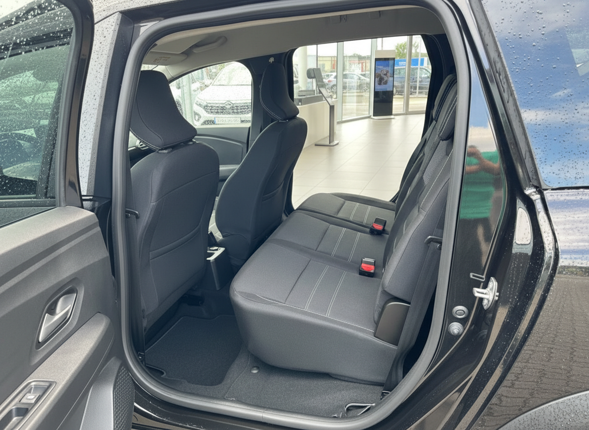 Schwarzes SUV Innenraum Rücksitzbank mit schwarzen Stoffsitzen und Sicherheitsgurten