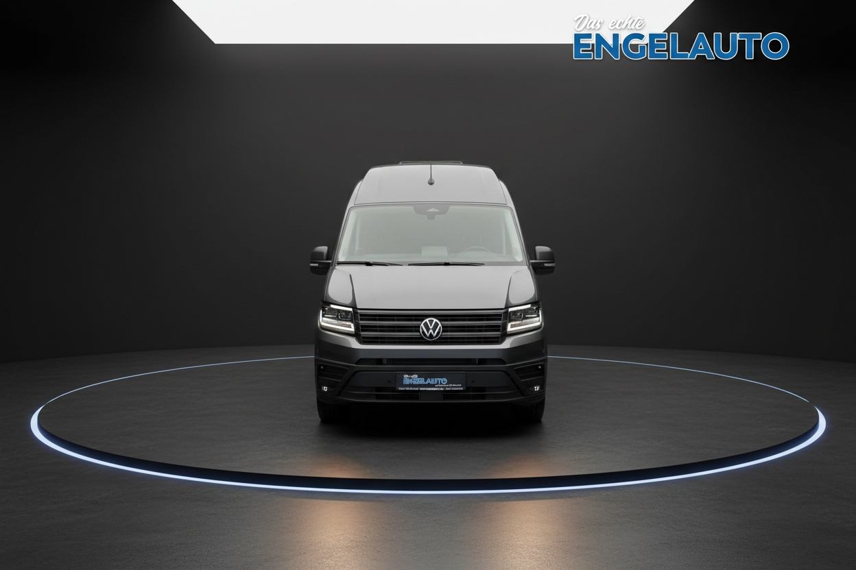 Volkswagen Crafter Transporter Frontansicht in grau auf Präsentationsfläche bei Engelauto Händler