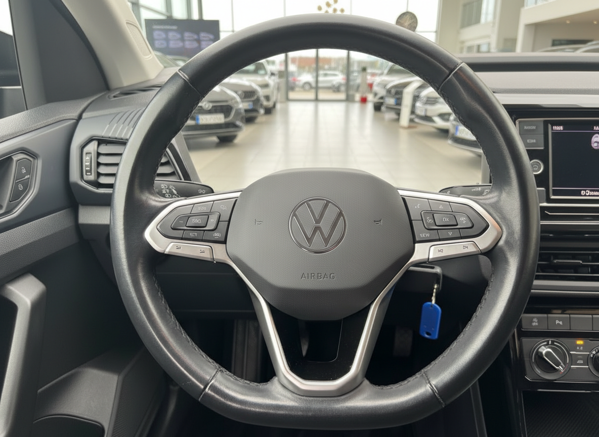 Volkswagen Innenraum Lenkrad mit VW-Logo und Multifunktionstasten im Autohaus