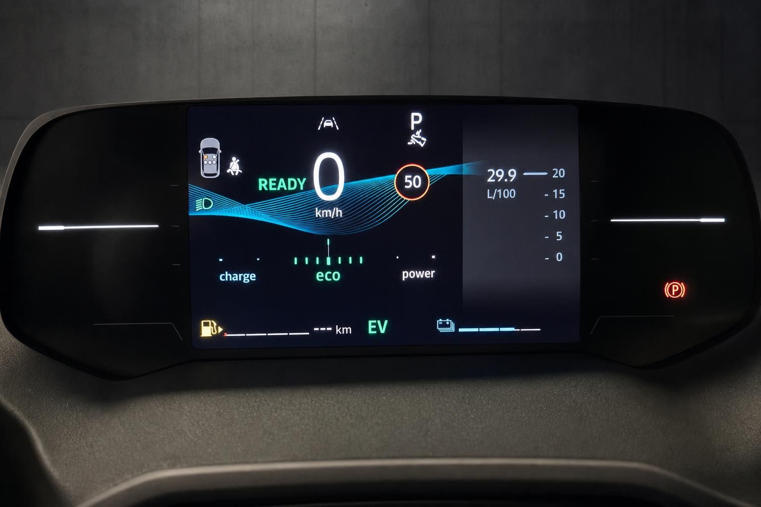 Digitales Kombiinstrument mit Tempolimit-Anzeige und Verbrauchsdaten im Fahrzeug