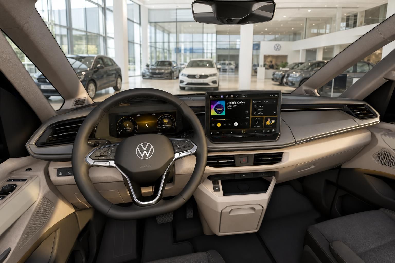 VW Cockpit mit Lenkrad, Digitaltacho und Infotainment-Display