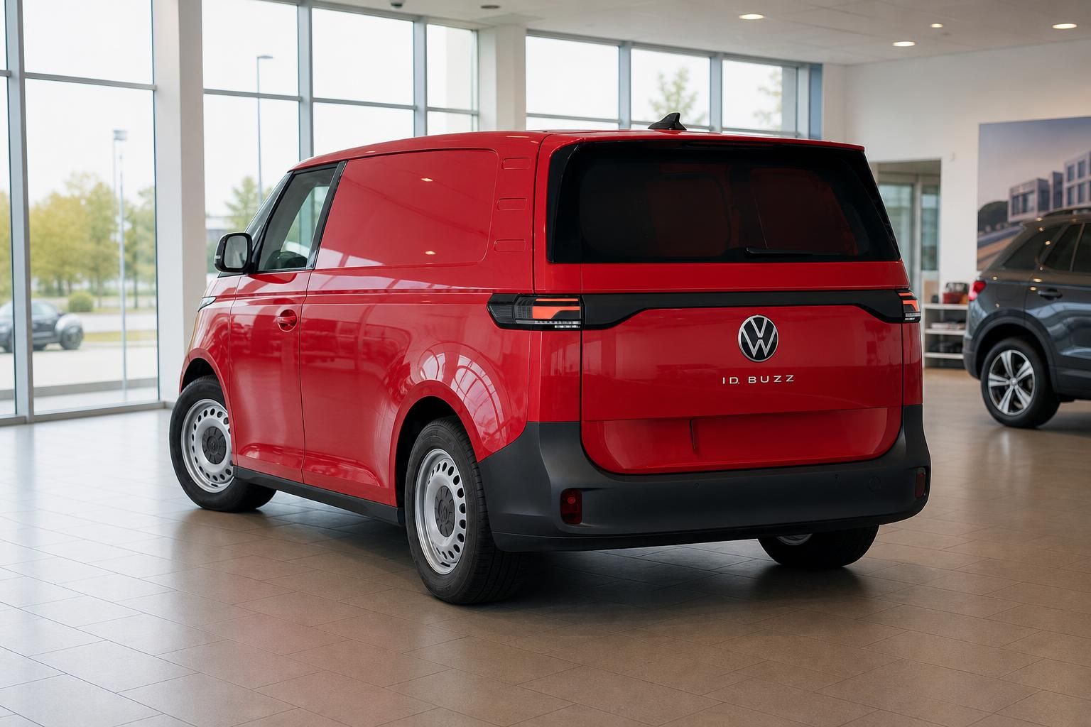 VW ID. Buzz Cargo rot Heckansicht im Autohaus – elektrischer Kastenwagen