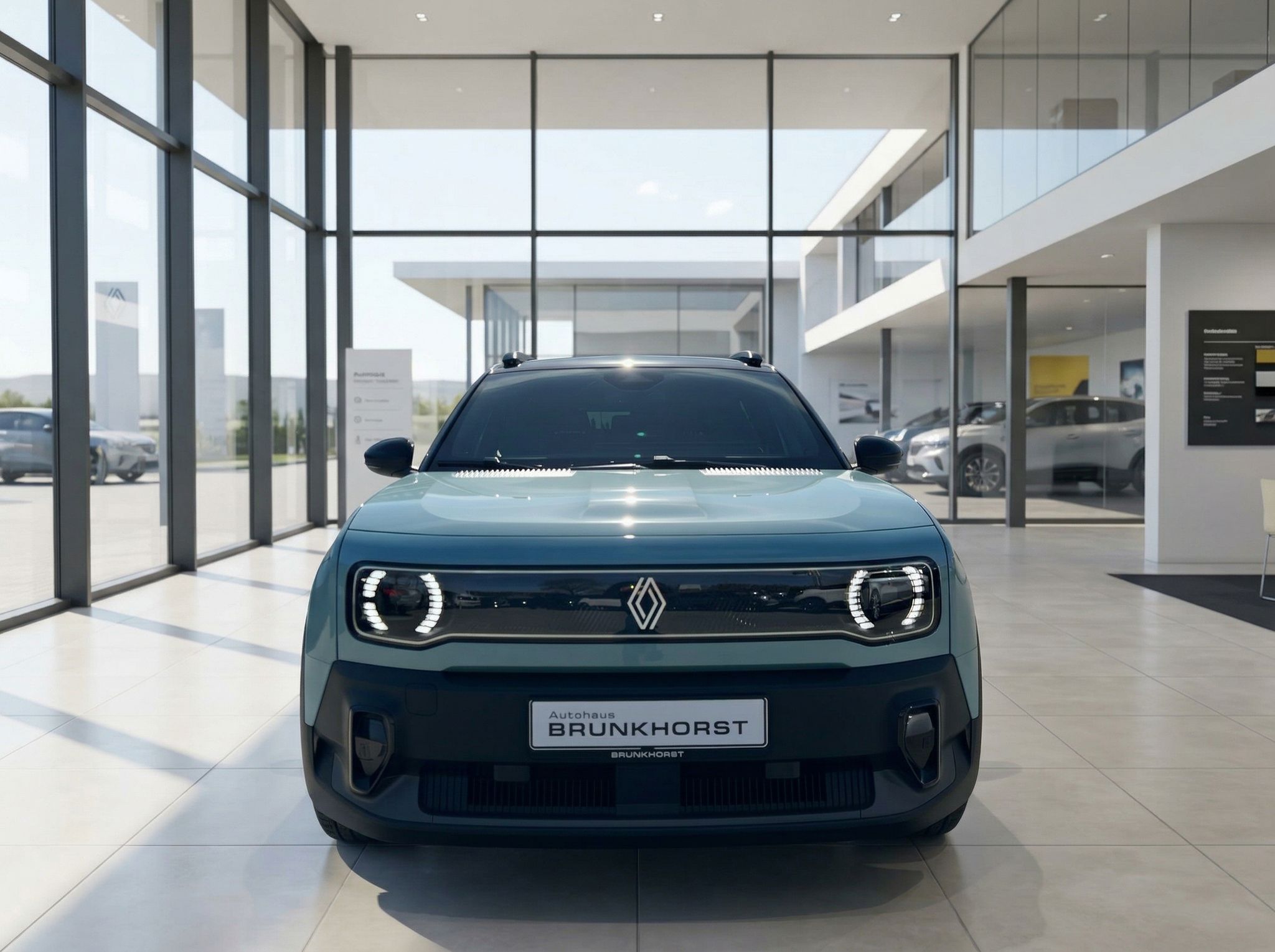 Türkiser Renault SUV Frontansicht mit charakteristischen LED-Tagfahrlichtern im modernen Showroom