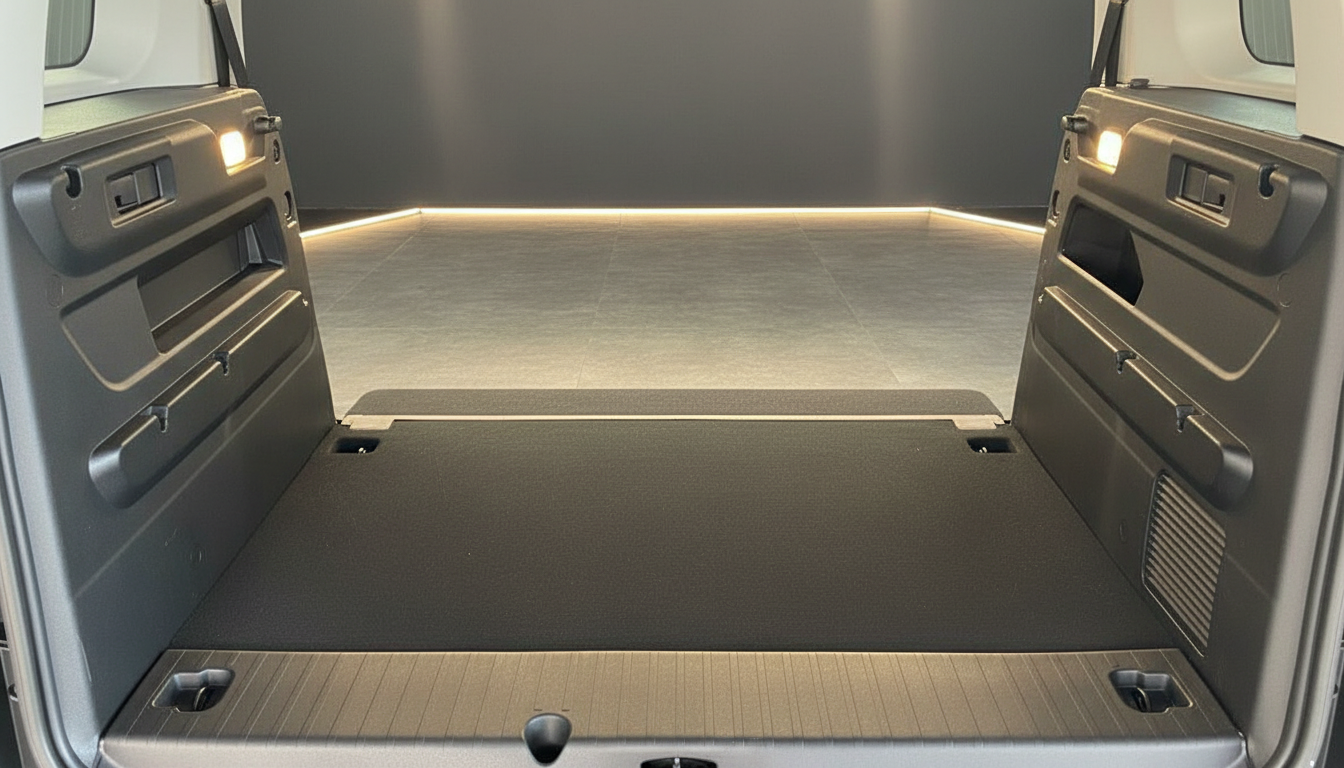 Geöffneter Kofferraum eines Vans mit LED-Ambientebeleuchtung und dunklem Ladeboden