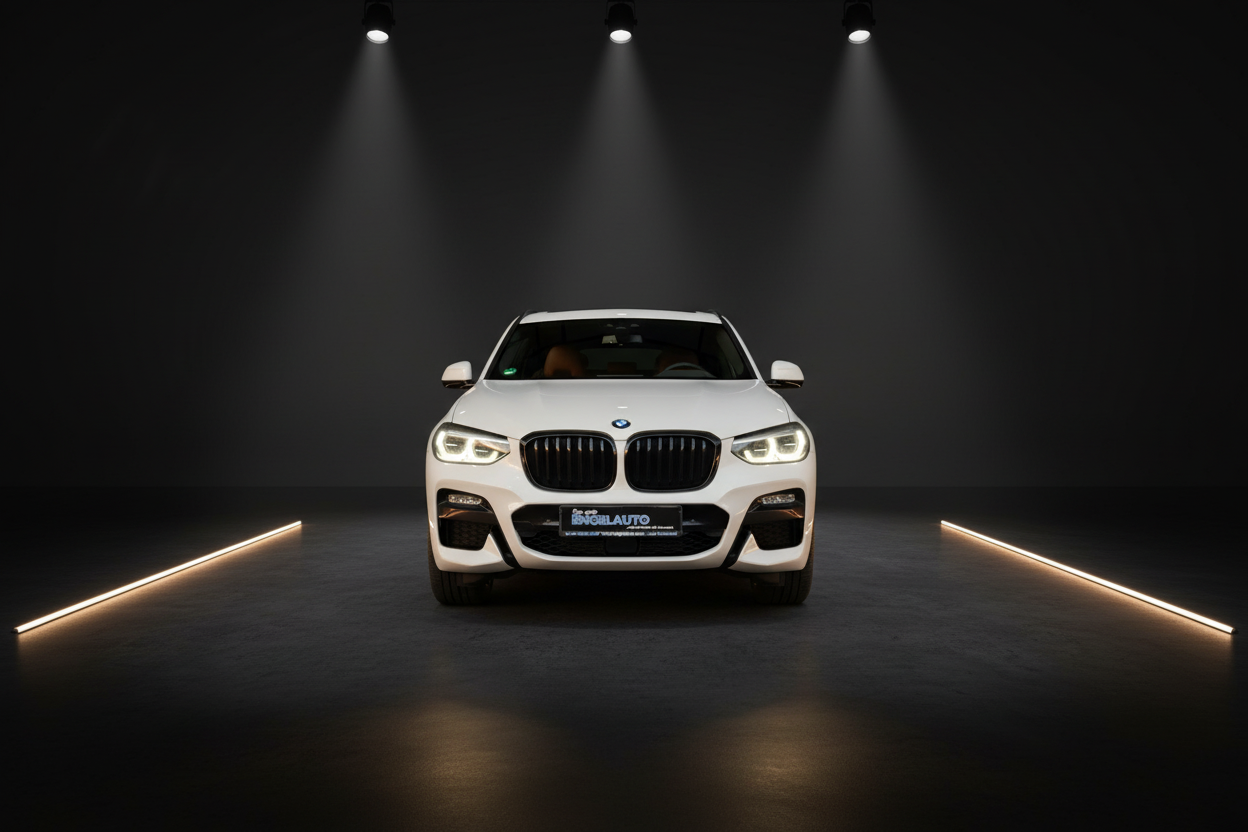 Weißer BMW X4 M Sport Frontansicht im Fotostudio mit dramatischer Beleuchtung