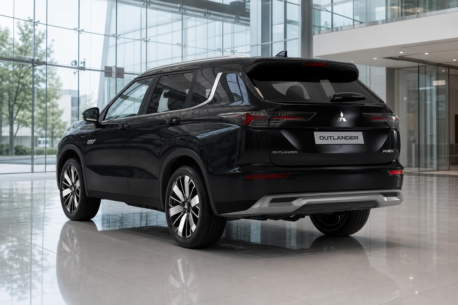 Mitsubishi Outlander PHEV schwarz Heckansicht im Autohaus