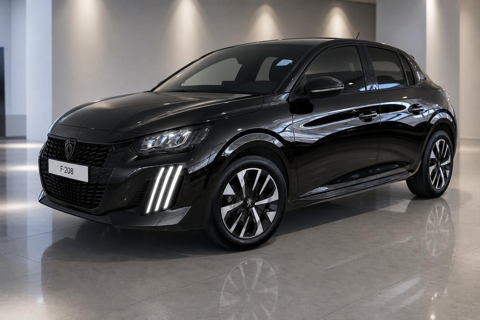 Peugeot 208 schwarz Front- und Seitenansicht im Showroom
