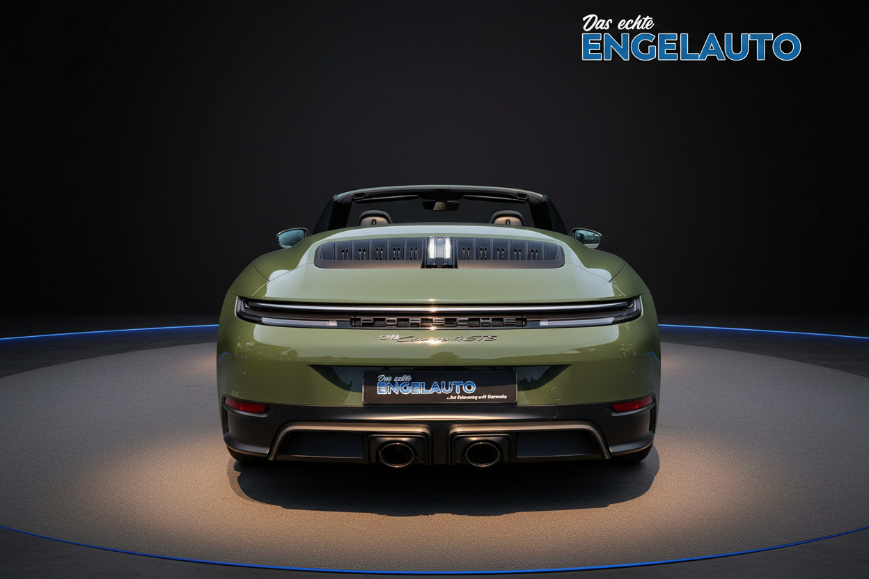 Porsche 911 Carrera 4 GTS Cabriolet Heckansicht in Olivgrün mit ausgefahrenem Spoiler und Doppelauspuffanlage bei Engelauto