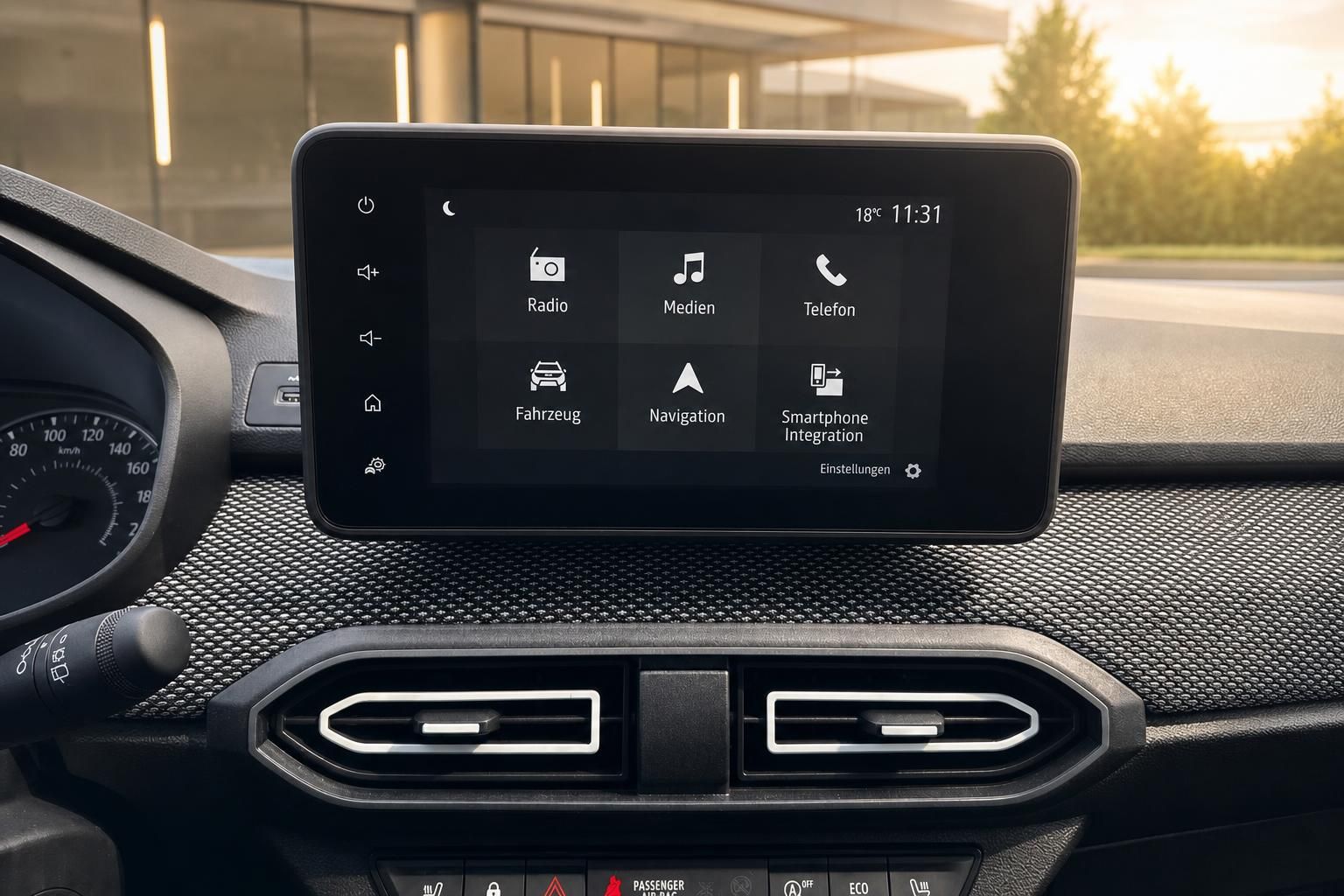Dacia Auto Cockpit Detail mit Touchscreen-Display und Fahrzeug-Navigation im Innenraum