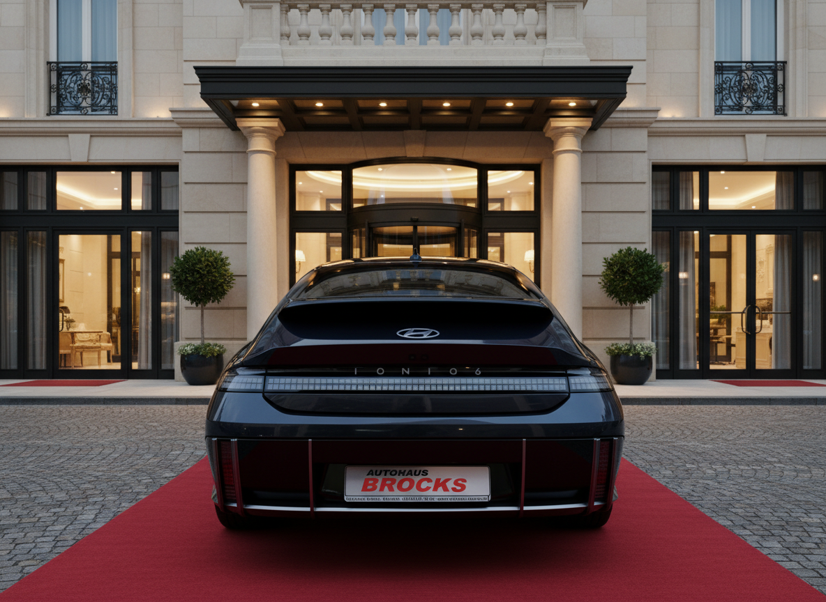 Hyundai IONIQ 6 Elektroauto in Schwarz von hinten auf rotem Teppich vor luxuriösem Hoteleingang – Autohaus Brocks