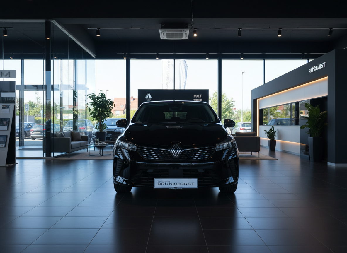 Schwarzer Renault Neuwagen in modernem Autohaus Brunkhorst Showroom mit großen Glasfenstern und eleganter Beleuchtung