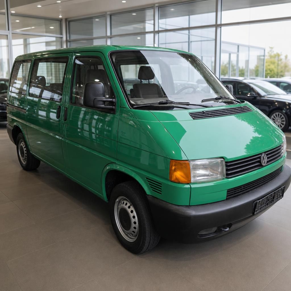 VW T4 Bus grün, Seiten-Frontansicht im Showroom