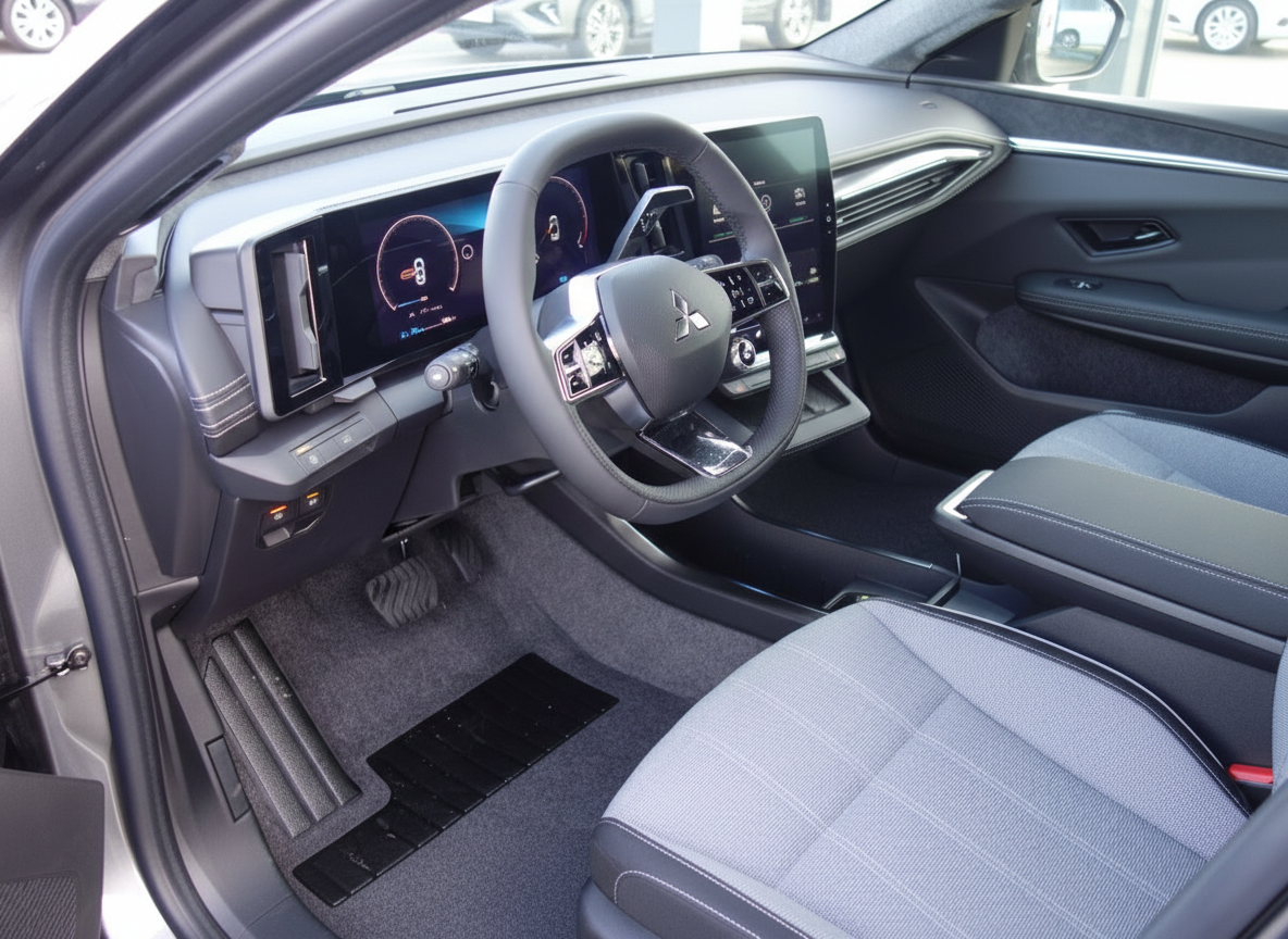 Mitsubishi Innenraum mit digitalem Cockpit, Lederlenkrad und modernem Infotainment-System