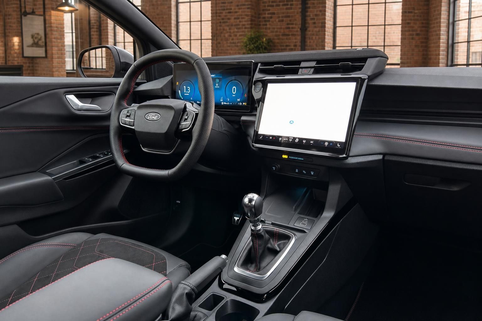 Ford Cockpit mit Lenkrad, Schaltknauf und Touchscreen Infotainment