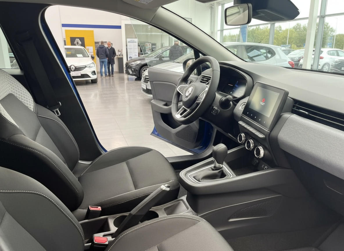 Renault Clio Innenraum mit schwarzen Ledersitzen, Lenkrad und Touchscreen im Autohaus