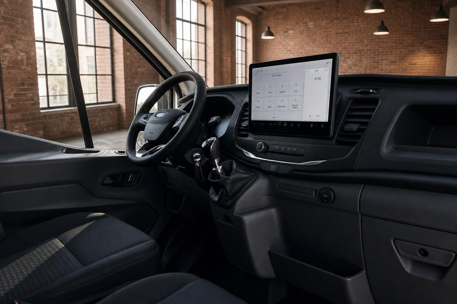 Ford Transit Cockpit mit Touchscreen und Schaltknauf im Detail