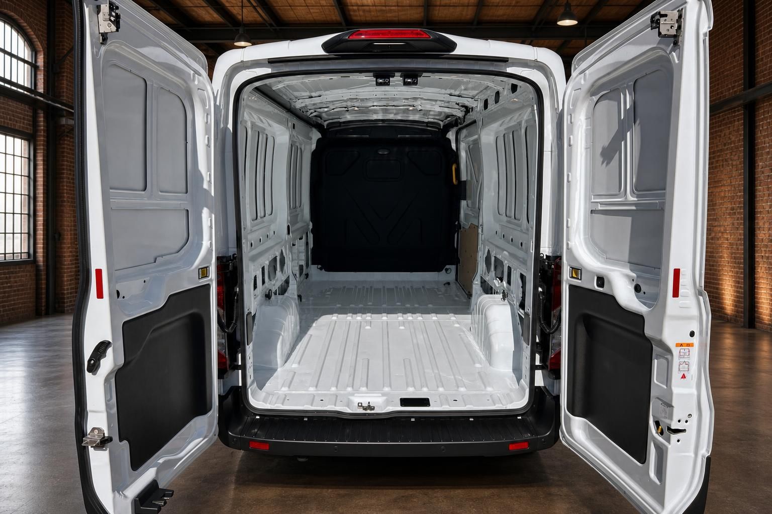 Ford Transit Laderaum mit geöffneten Hecktüren von innen