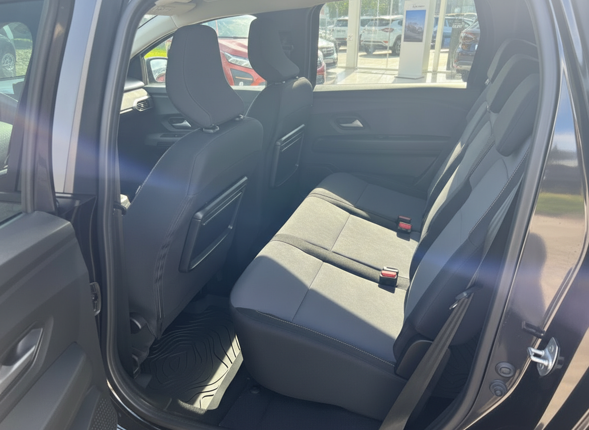 Rücksitzbank Innenraum dunkles Fahrzeug mit Stoffsitzen in Grau-Schwarz und Gummifußmatten