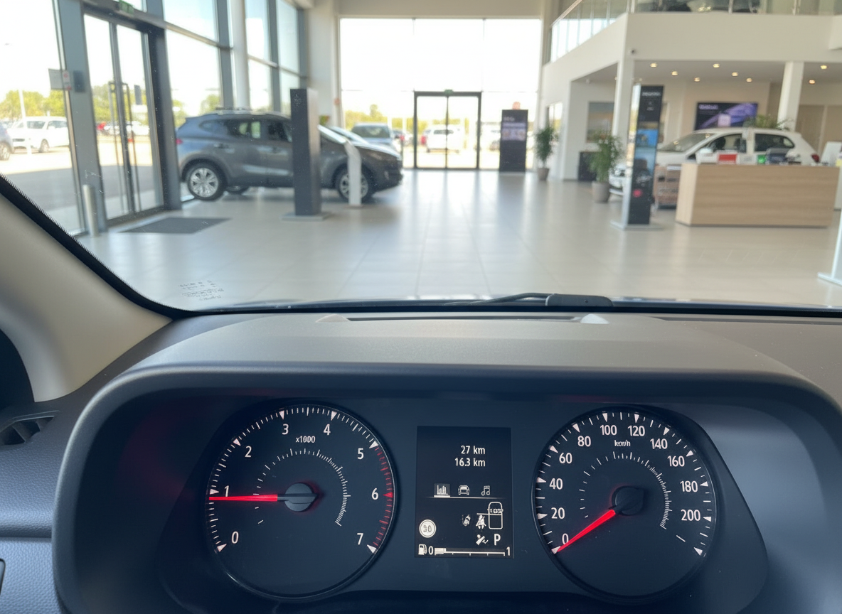 Fahrzeug-Cockpit mit Armaturenbrett und Tachodisplay im Autohaus-Showroom
