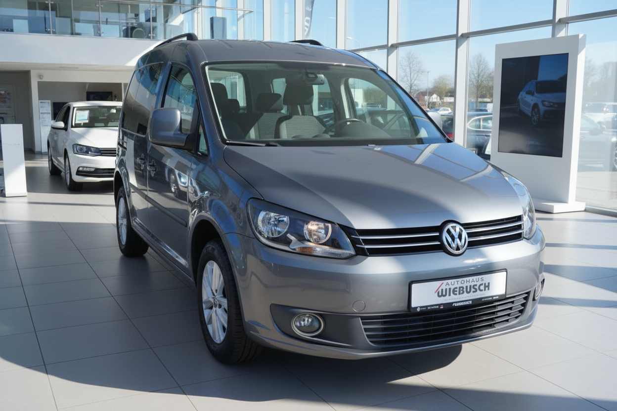 VW Volkswagen Caddy Maxi grau im Autohaus Wiebusch Showroom Frontansicht
