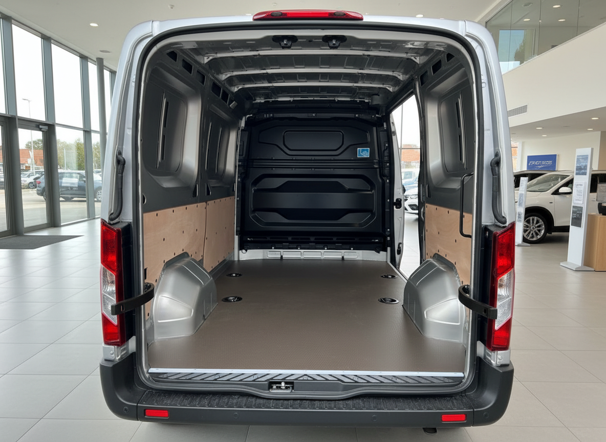 Silberner Kastenwagen mit geöffneten Hecktüren zeigt leeren Laderaum im Autohaus