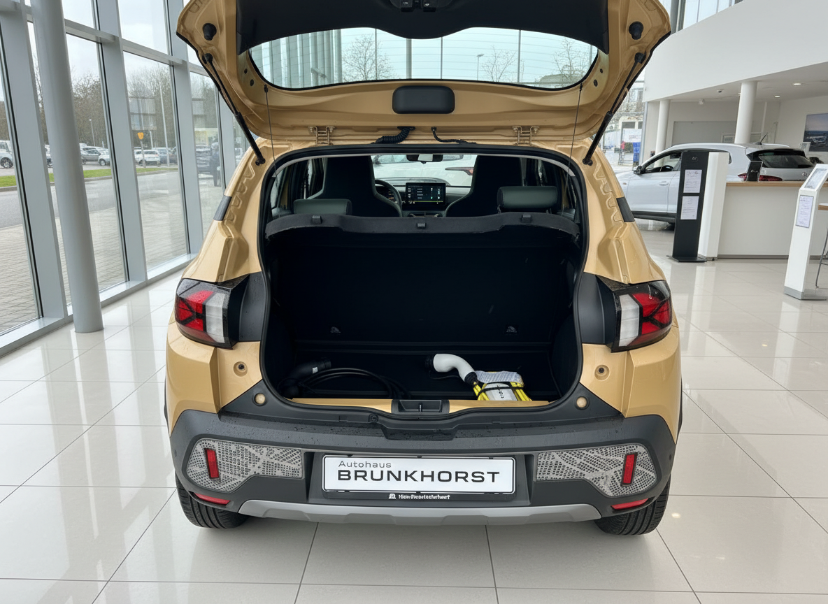 Goldener Dacia Spring Elektro Kofferraum geöffnet mit Ladekabel im Autohaus Brunkhorst