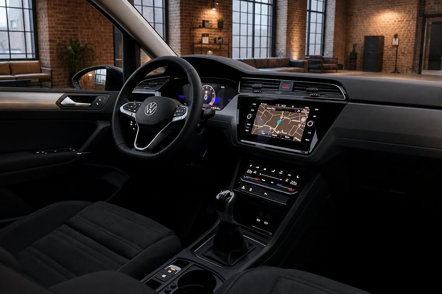 VW Touran Fahrerbereich mit Lenkrad und Touchscreen Navigation