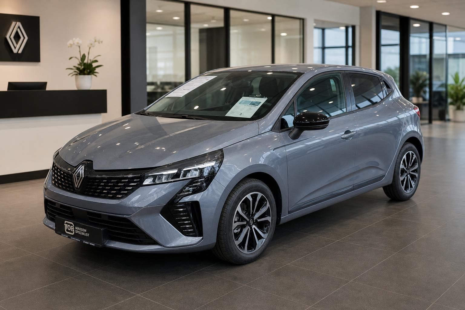 Renault Clio grau in der Frontansicht im Autohaus-Showroom