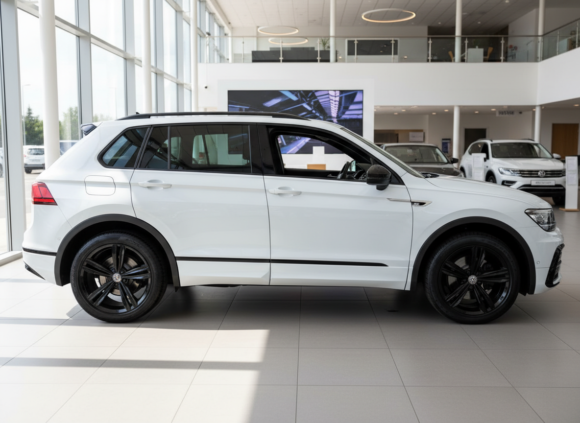 Weißer Volkswagen Tiguan mit schwarzen Felgen in VW Autohaus Ausstellungsraum