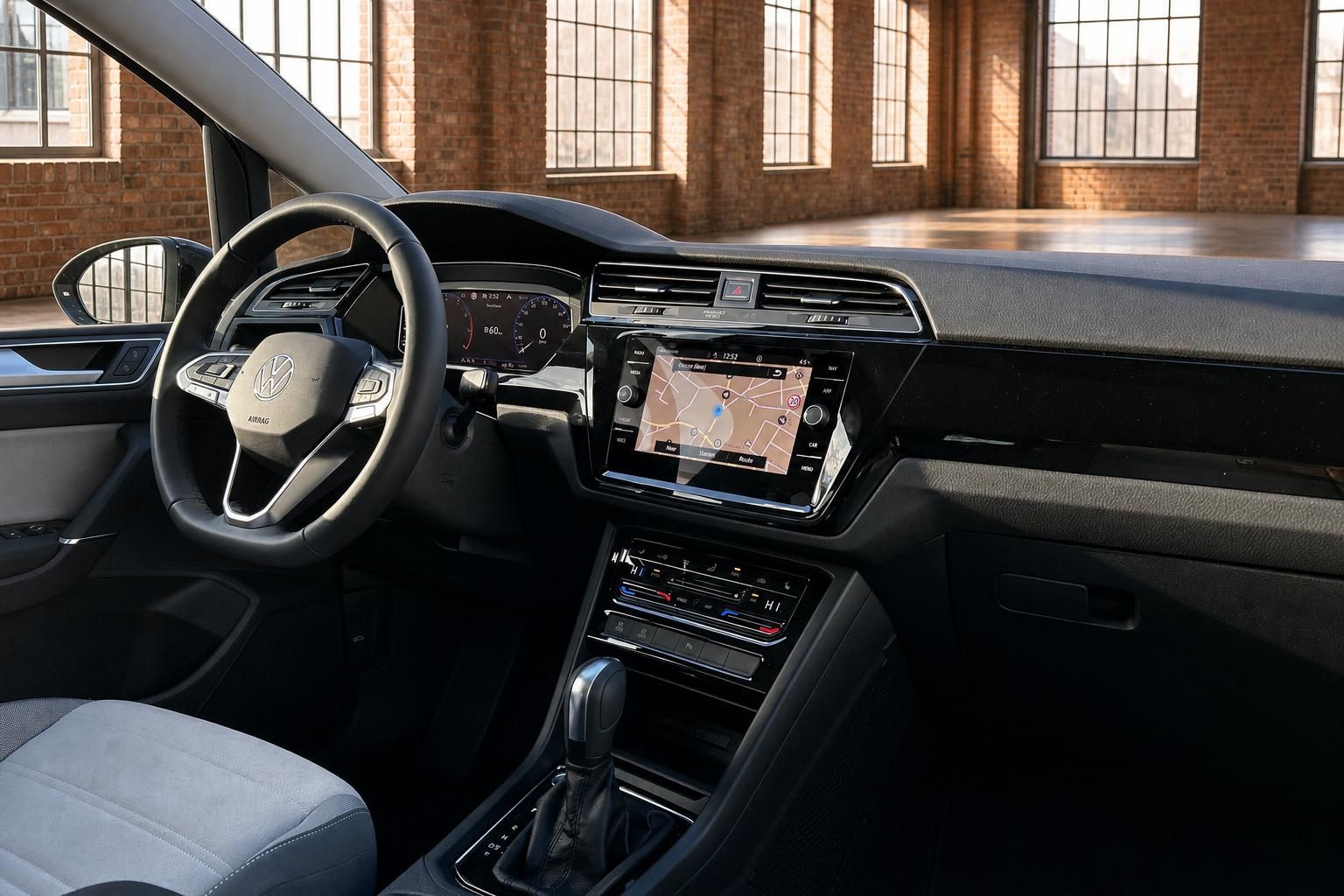 VW Cockpit mit Navigationssystem und digitalem Tacho im Detail