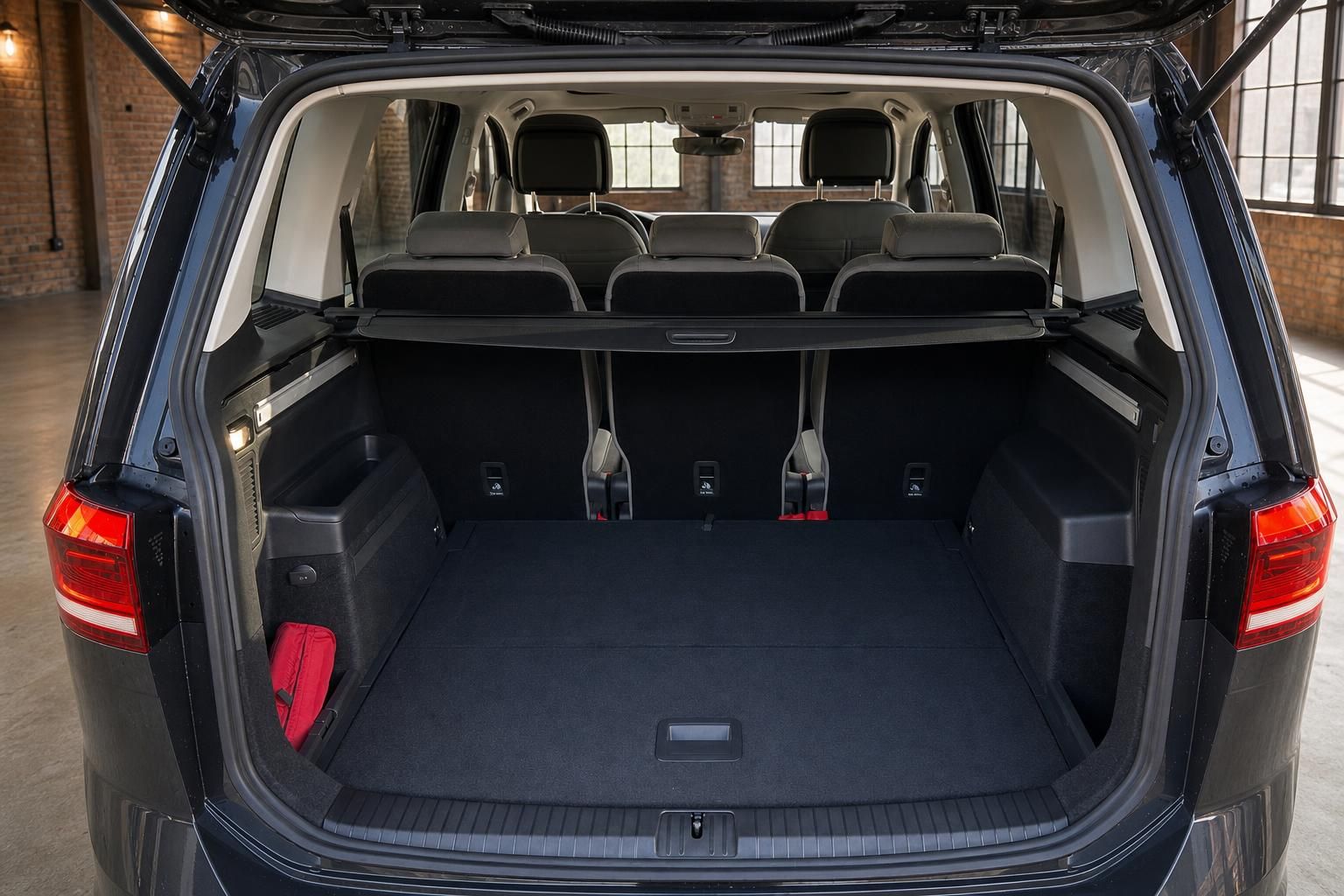 Kofferraum des VW Touran mit umgeklappter Rückbank und viel Stauraum