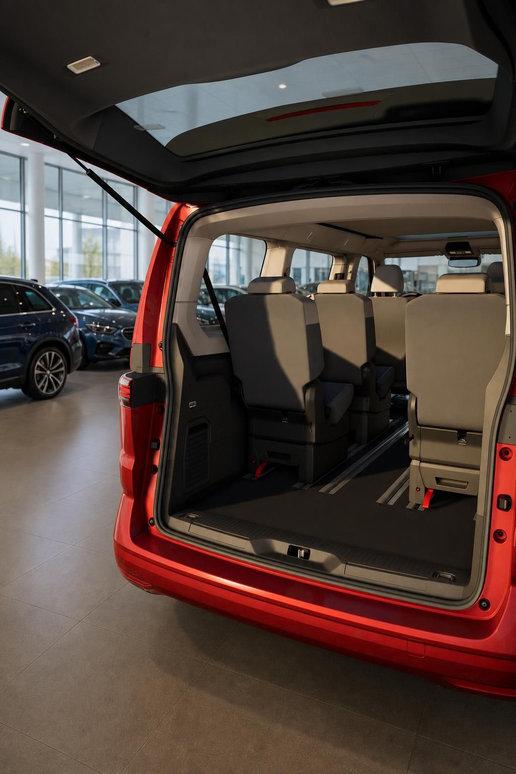 Roter Van mit geoeffneter Heckklappe und Blick auf Sitzreihen im Innenraum