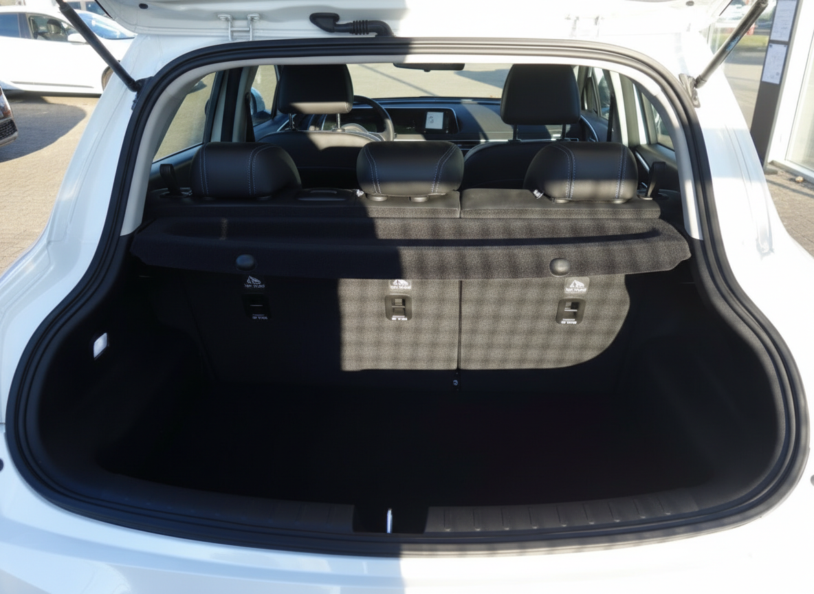 Geräumiger Kofferraum eines weißen Fahrzeugs mit umklappbarer Rücksitzbank und schwarzem Ledersitz