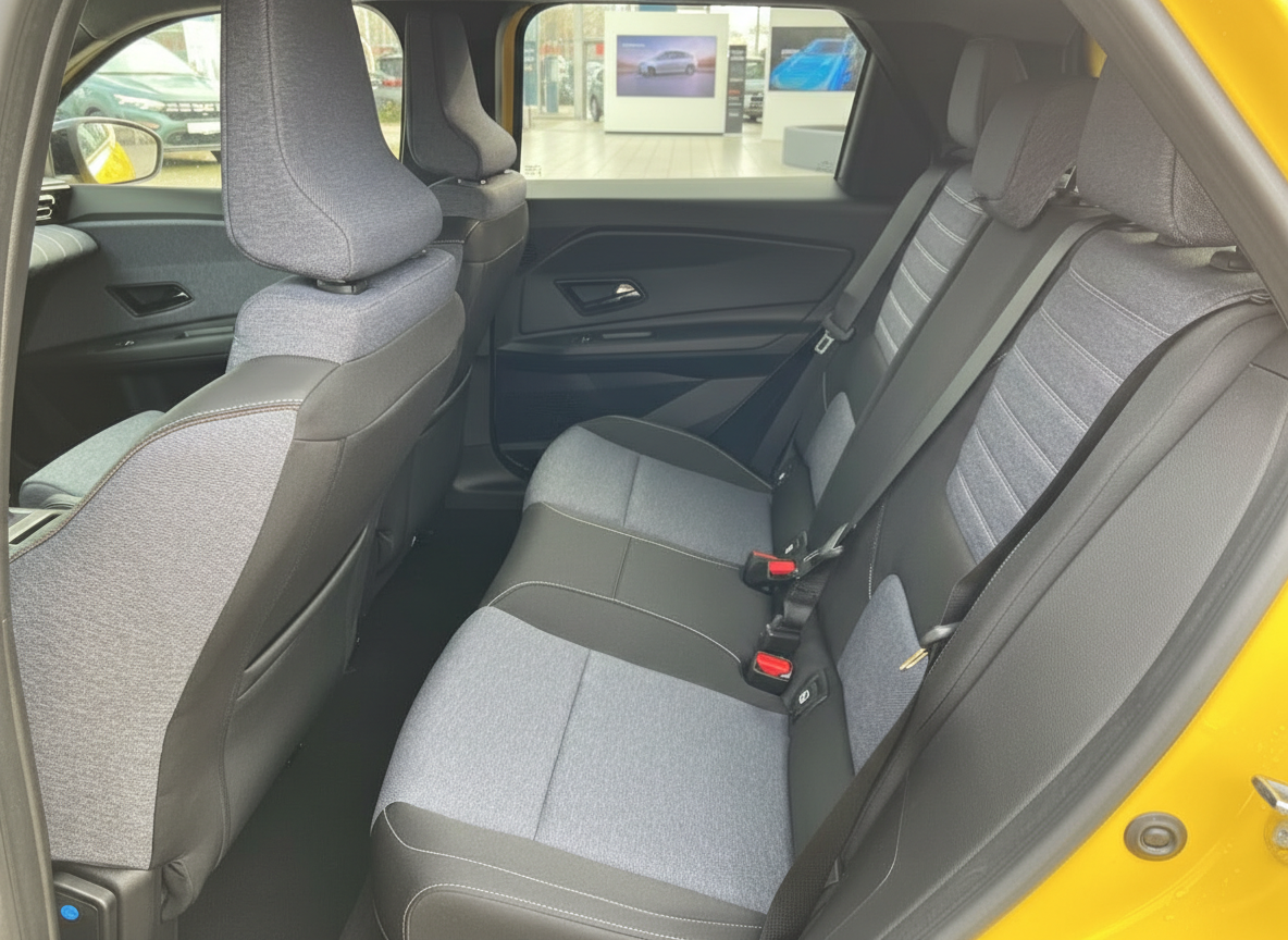 Rücksitzbank eines gelben Peugeot mit grauem Stoffbezug und ISOFIX-Befestigungen im Innenraum