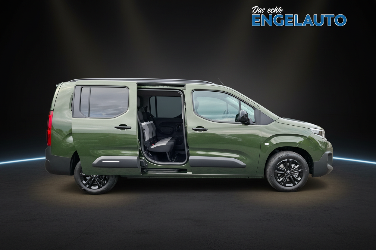 Opel Combo Life in Olivgrün mit geöffneter Schiebetür Seitenansicht - Familienvan mit großzügigem Innenraum bei Engelauto kaufen