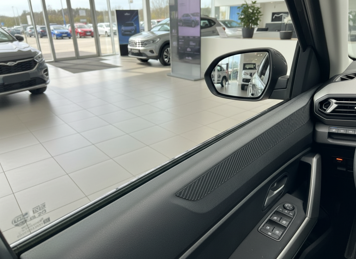 VW Innenraum Fahrertür mit Spiegeldreieck, Fensterheber und Außenspiegel im Autohaus