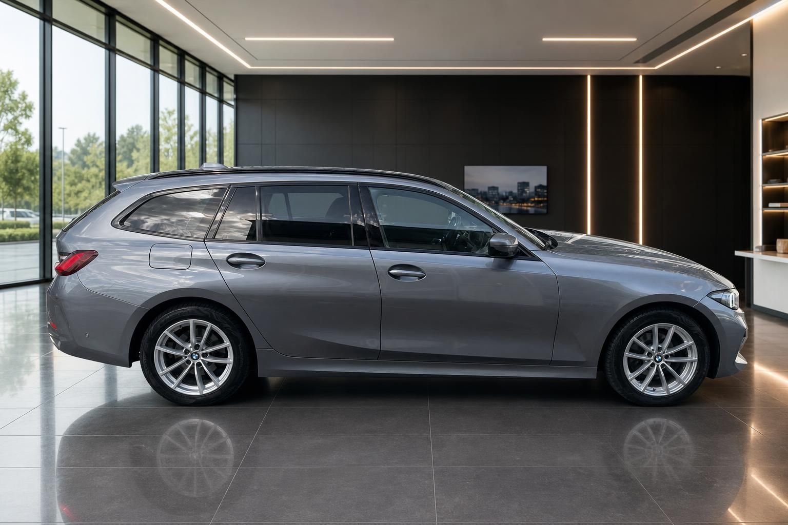 BMW 3er Touring grau Seitenansicht im Autohaus Showroom