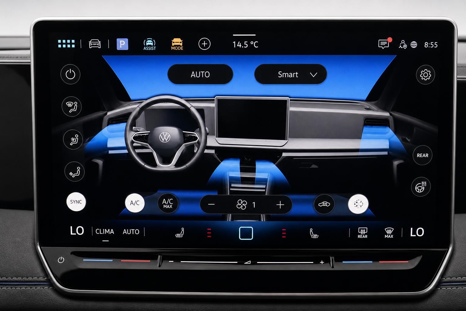 VW Touchscreen mit Klimaanzeige und Fahrzeuginnenraum-Darstellung