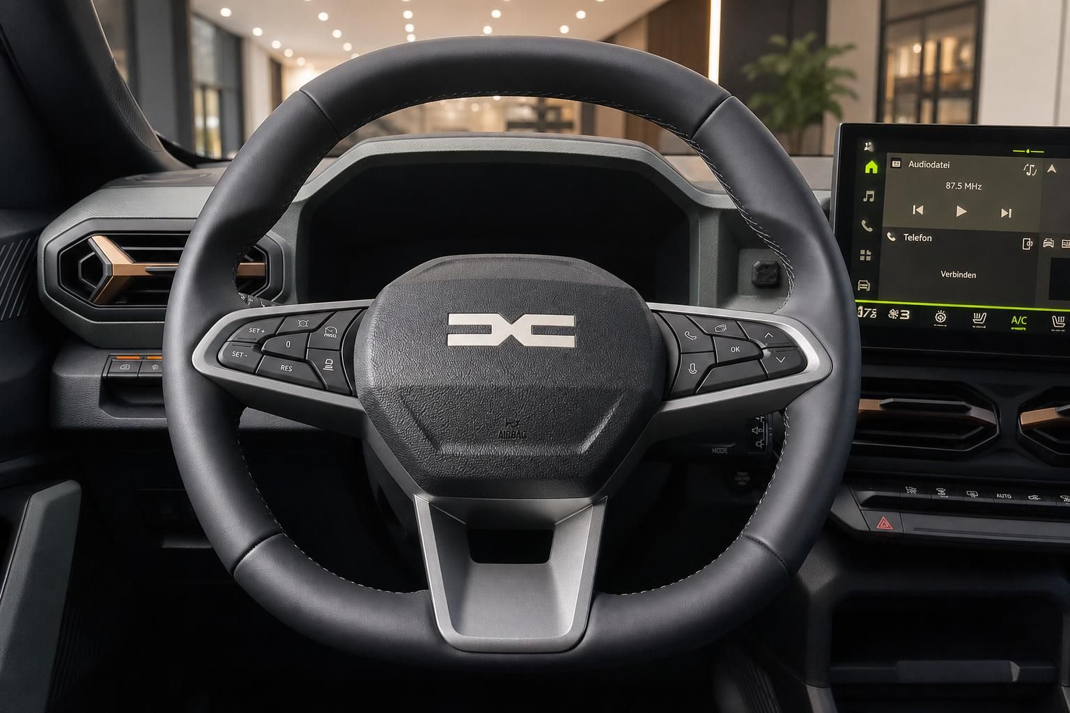 Dacia Lenkrad mit Multifunktionstasten und Touchscreen Ansicht im Cockpit