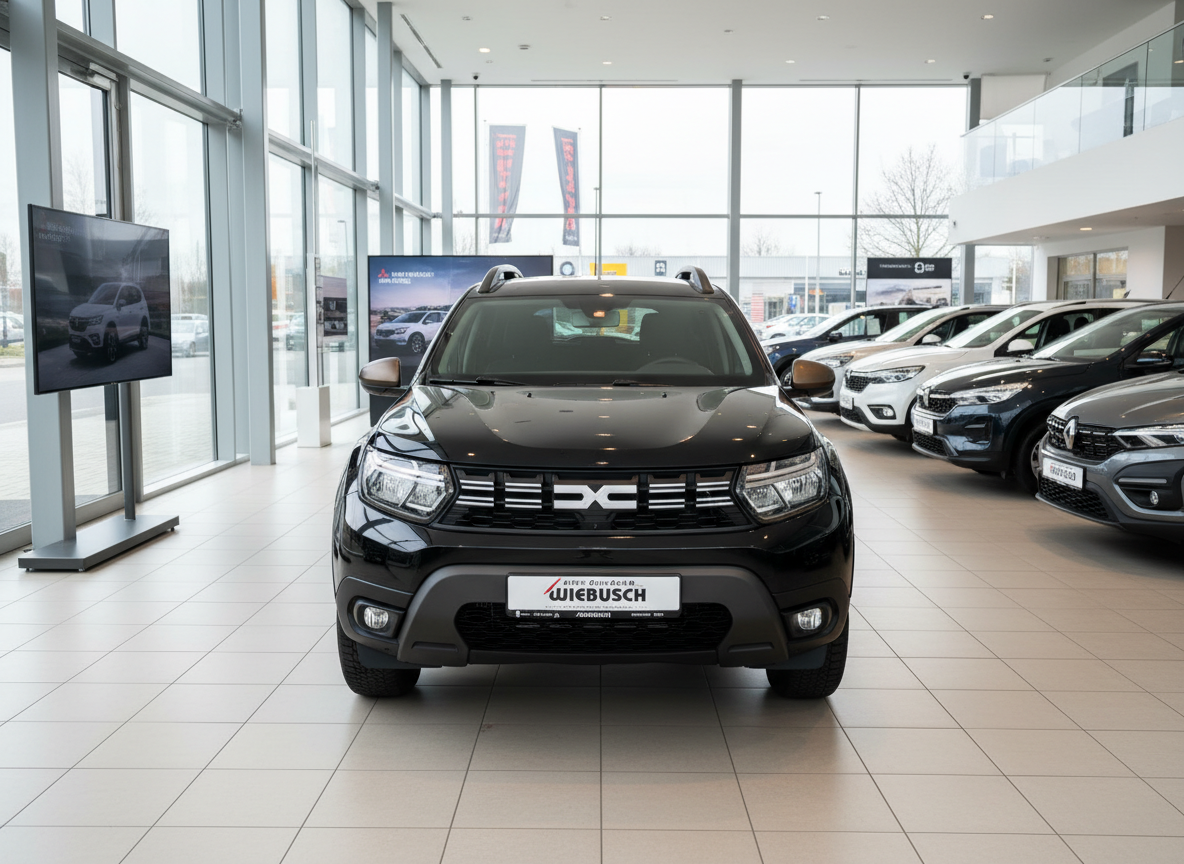 Schwarzer Dacia Duster SUV Frontansicht im Autohaus Wiebusch Showroom