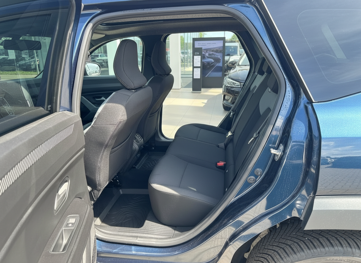 Blauer SUV Innenraum Rücksitzbank mit schwarzen Ledersitzen im Autohaus