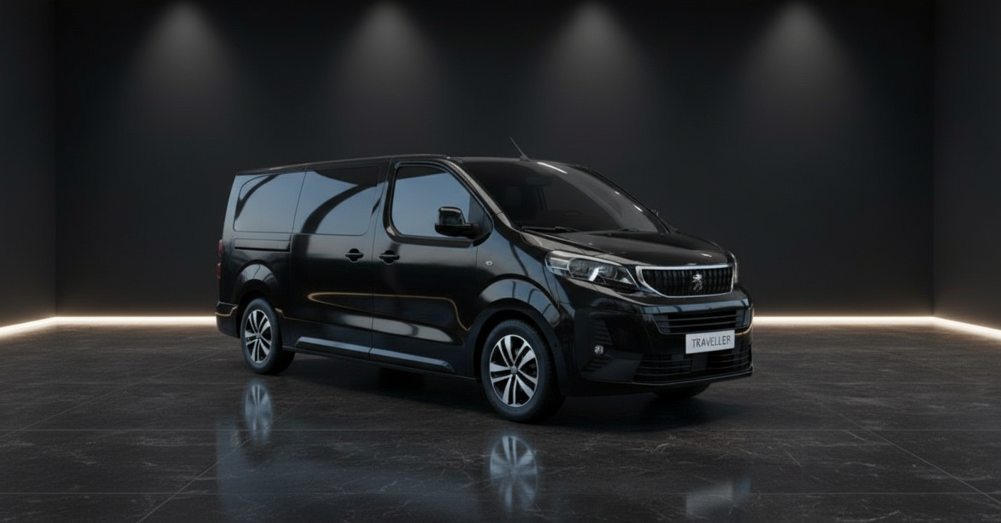 Schwarzer Peugeot Traveller in Studiofotografie vor dunklem Hintergrund