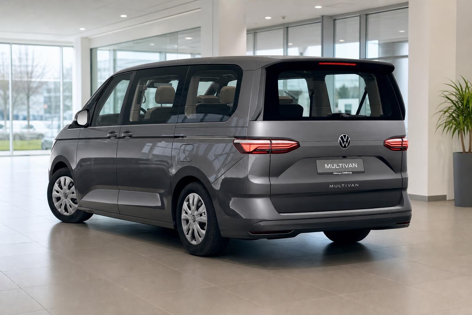 VW Multivan grau, Heckansicht im Autohaus-Showroom