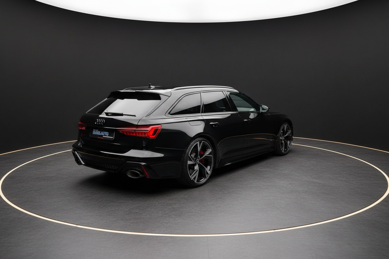 Schwarzer Audi RS6 Avant Kombi Heckansicht in professionellem Fotostudio